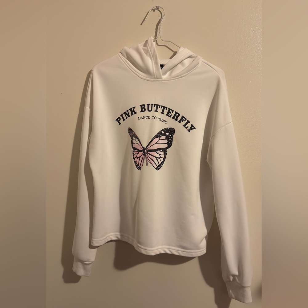 SHEIN Pink Butterfly Graphic White Hoodie